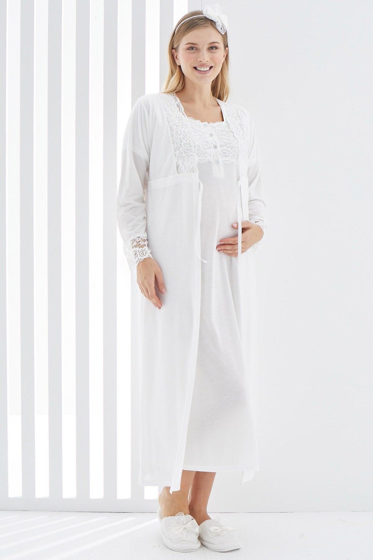 Maternity & Nursing Nightgown With Lace Sleeve Robe Ecru - 2267