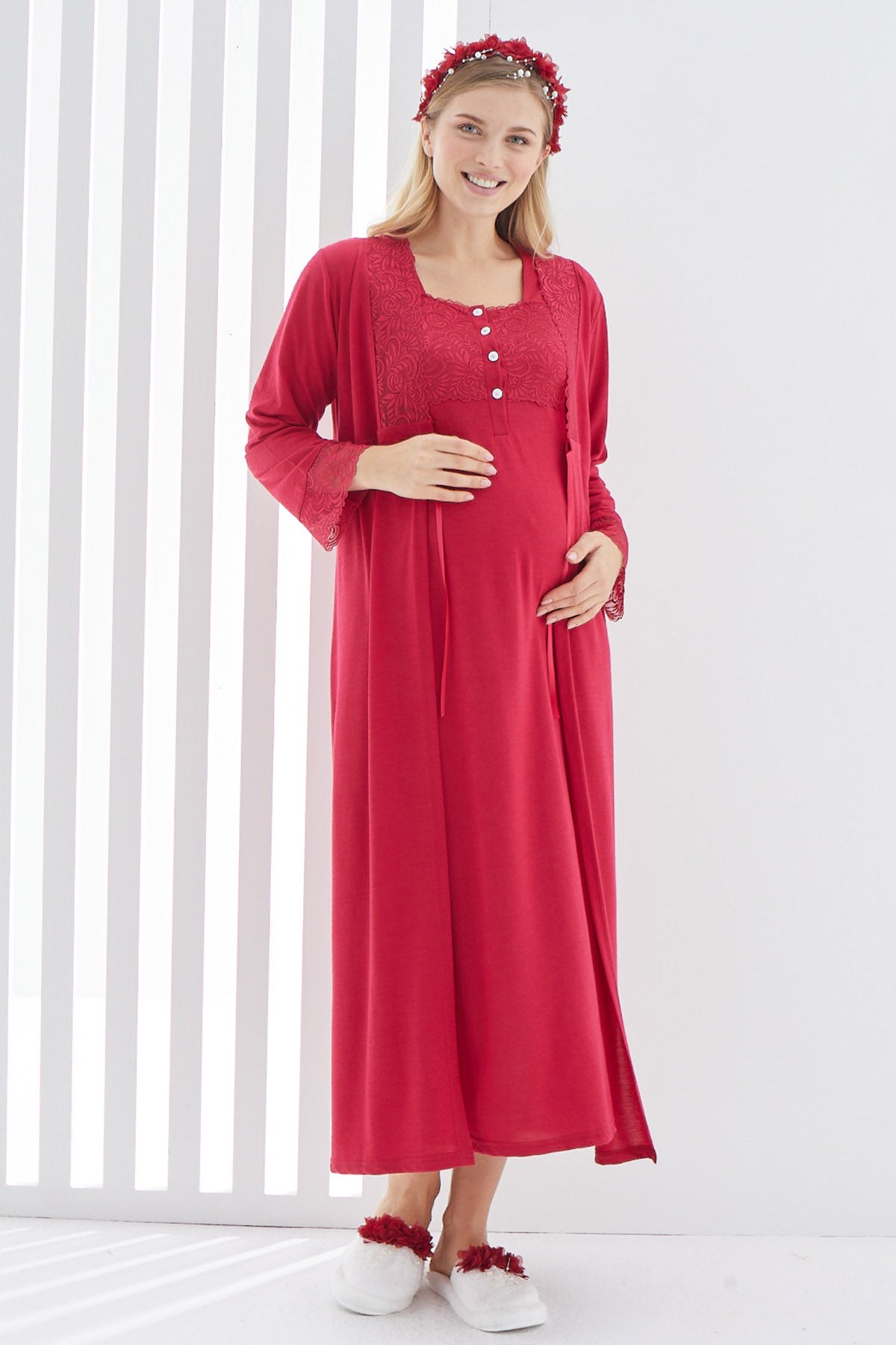 Maternity & Nursing Nightgown With Lace Sleeve Robe Red - 2267