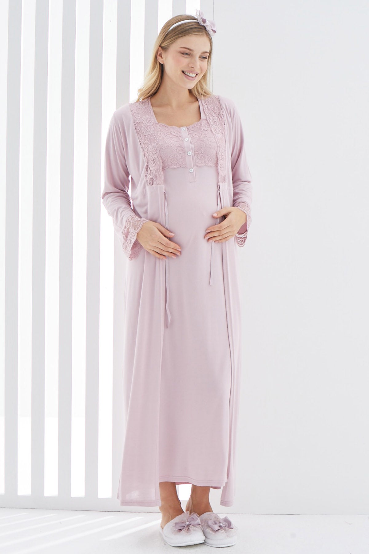 Maternity & Nursing Nightgown With Lace Sleeve Robe Dried Rose - 2267