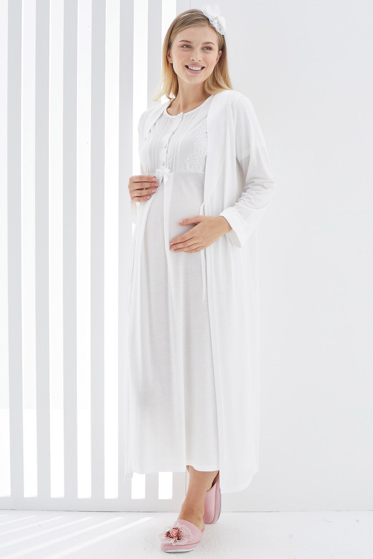 Guipure Collar Maternity & Nursing Nightgown With Robe Ecru - 2266
