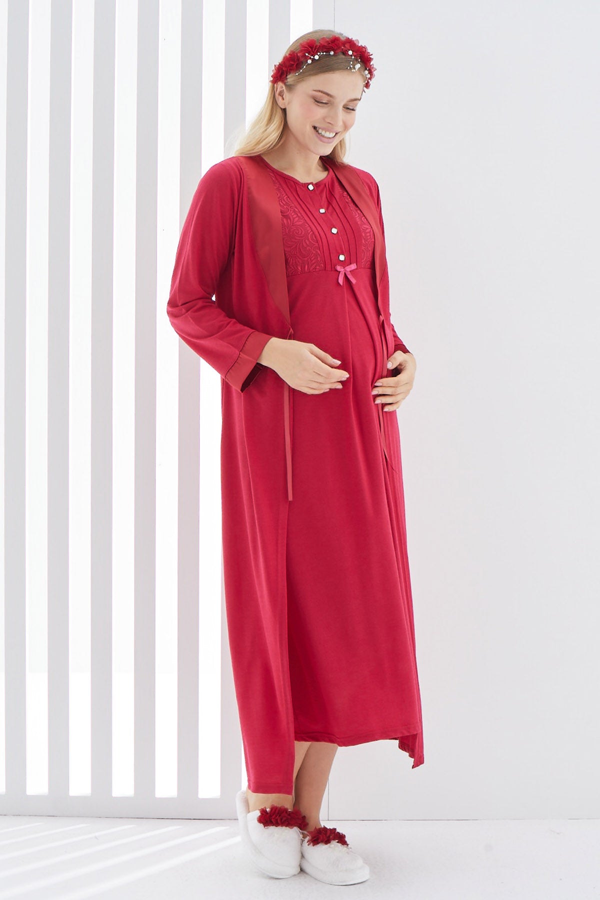 Guipure Collar Maternity & Nursing Nightgown With Robe Red - 2266