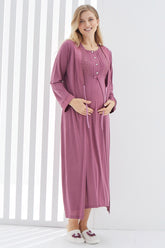 Guipure Collar Maternity & Nursing Nightgown With Robe Plum - 2266