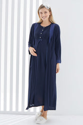 Guipure Collar Maternity & Nursing Nightgown With Robe Navy Blue - 2266