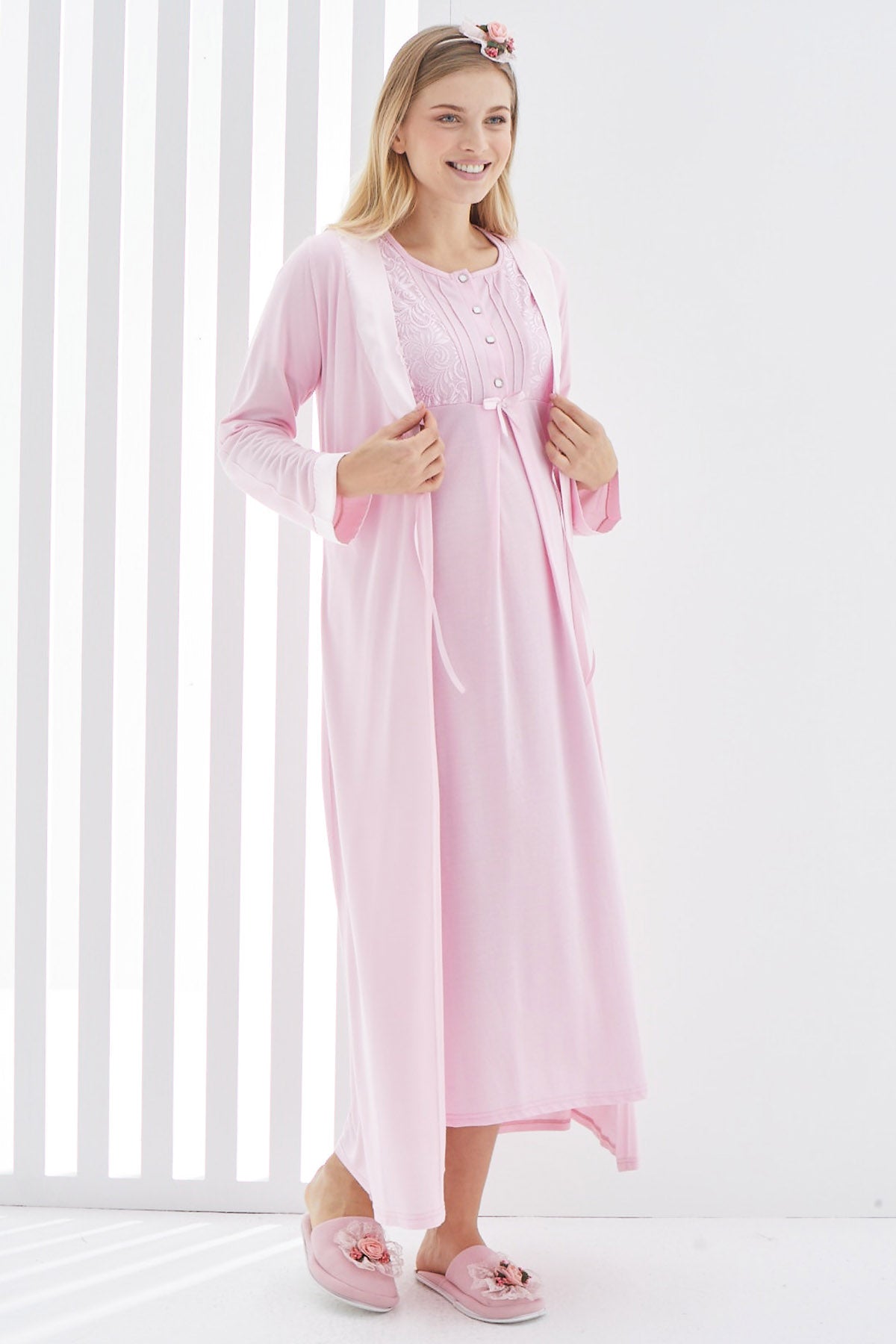 Guipure Collar Maternity & Nursing Nightgown With Robe Pink - 2266