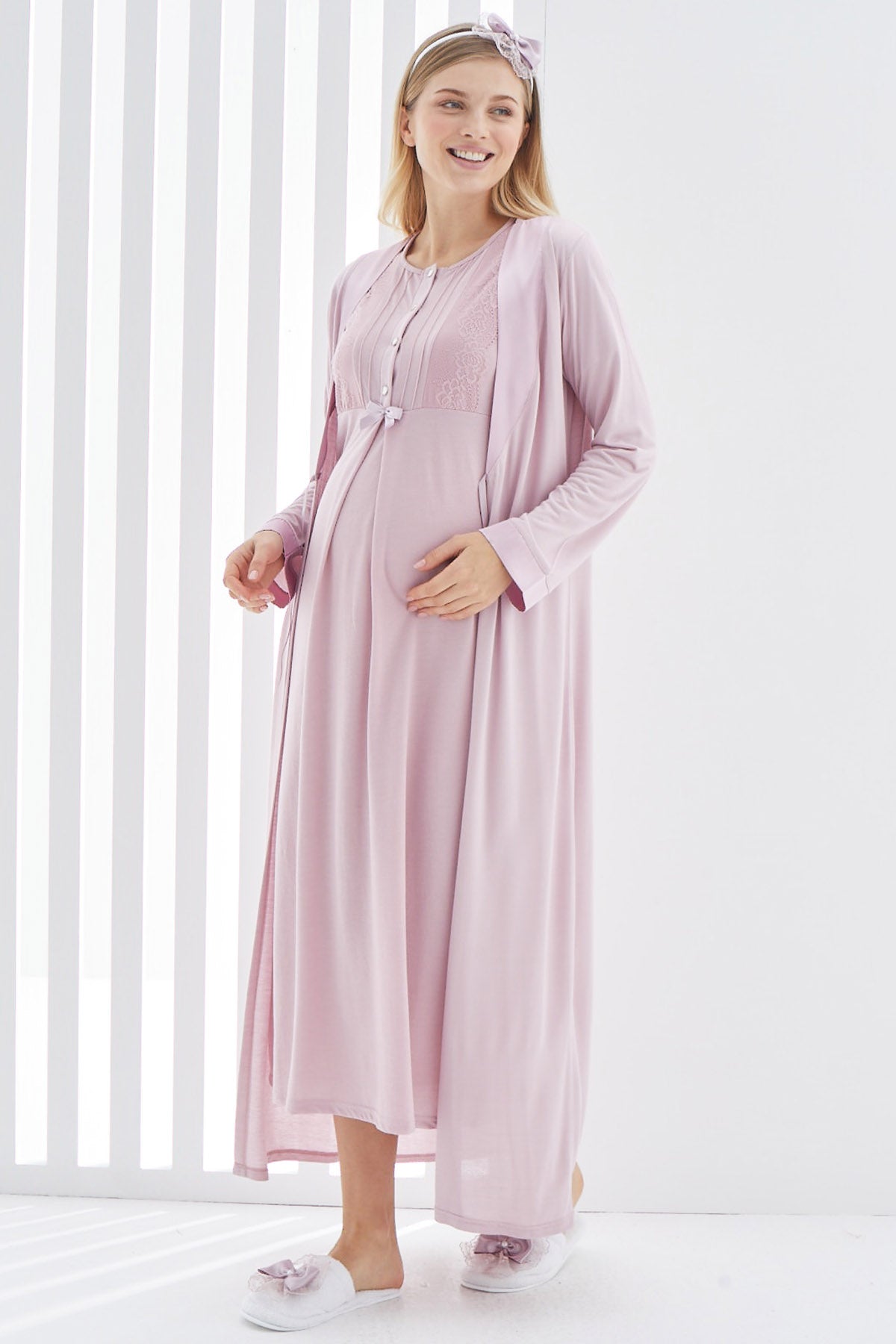 Guipure Collar Maternity & Nursing Nightgown With Robe Dried Rose - 2266