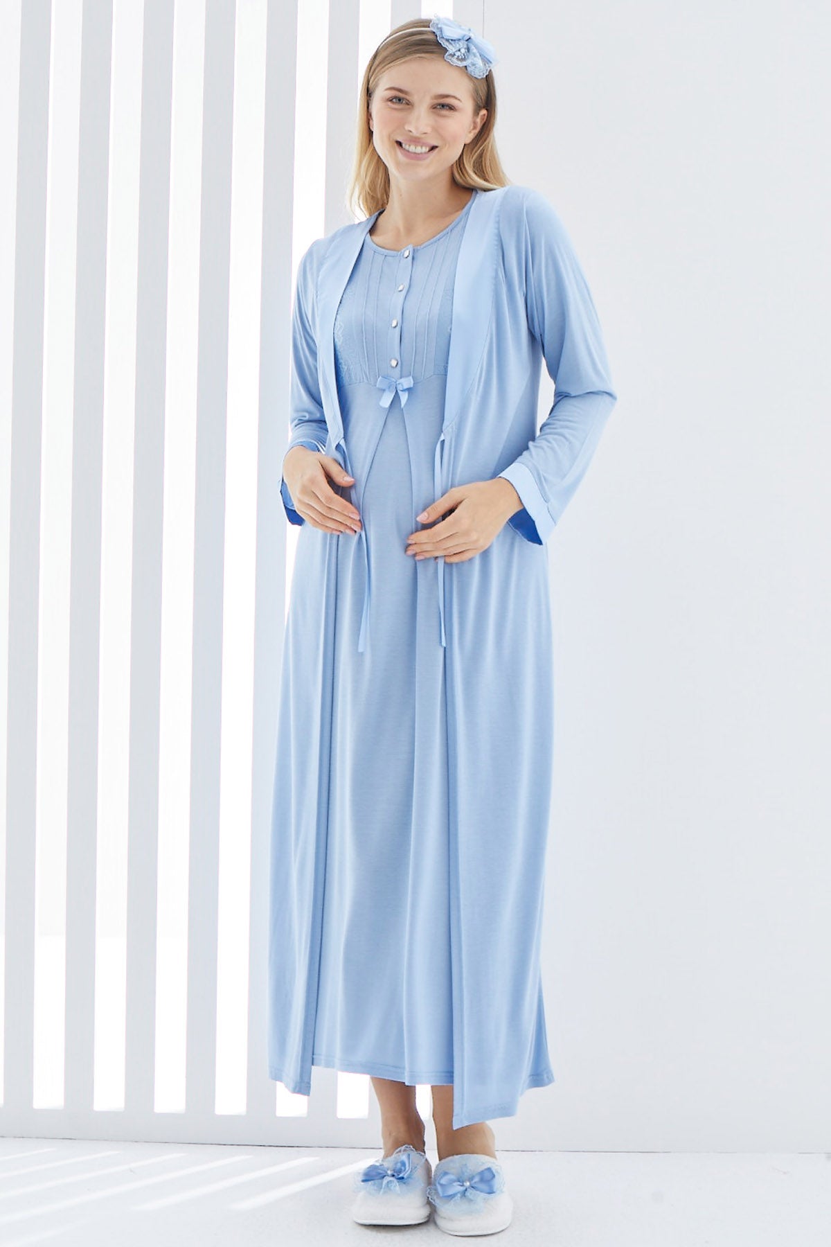 Guipure Collar Maternity & Nursing Nightgown With Robe Blue - 2266
