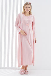 Guipure Collar Maternity & Nursing Nightgown With Robe Powder - 2266