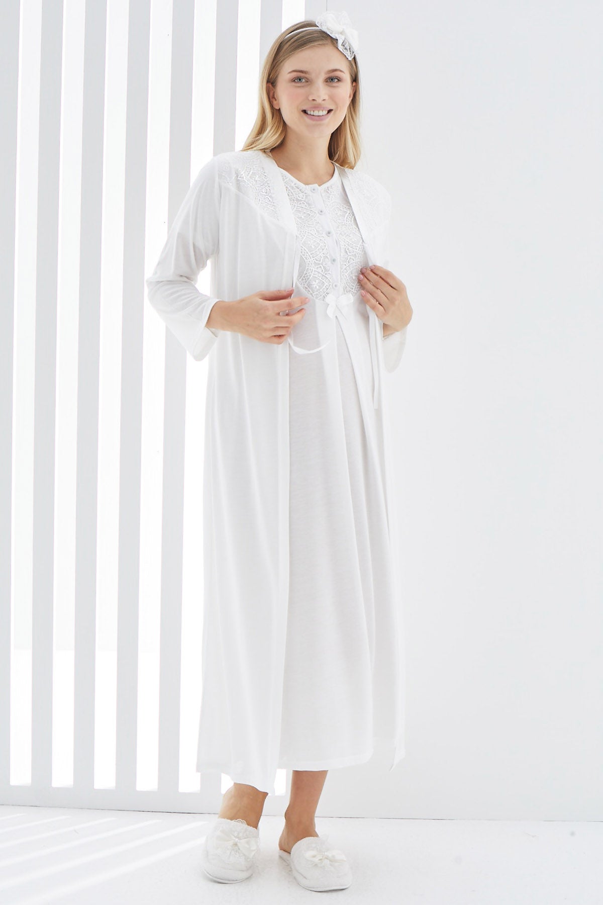 Guipure Collar Maternity & Nursing Nightgown With Robe Ecru - 2265