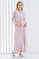 Guipure Collar Maternity & Nursing Nightgown With Robe Dried Rose - 2265