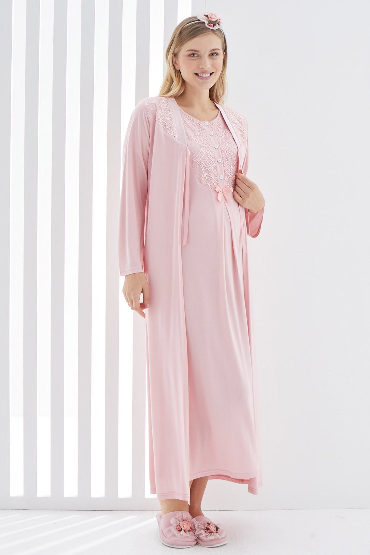 Guipure Collar Maternity & Nursing Nightgown With Robe Pink - 2265