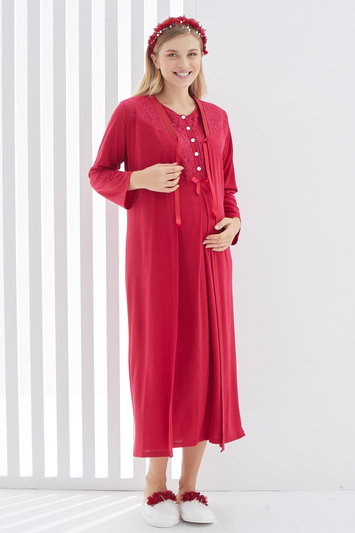 Guipure Collar Maternity & Nursing Nightgown With Robe Red - 2265