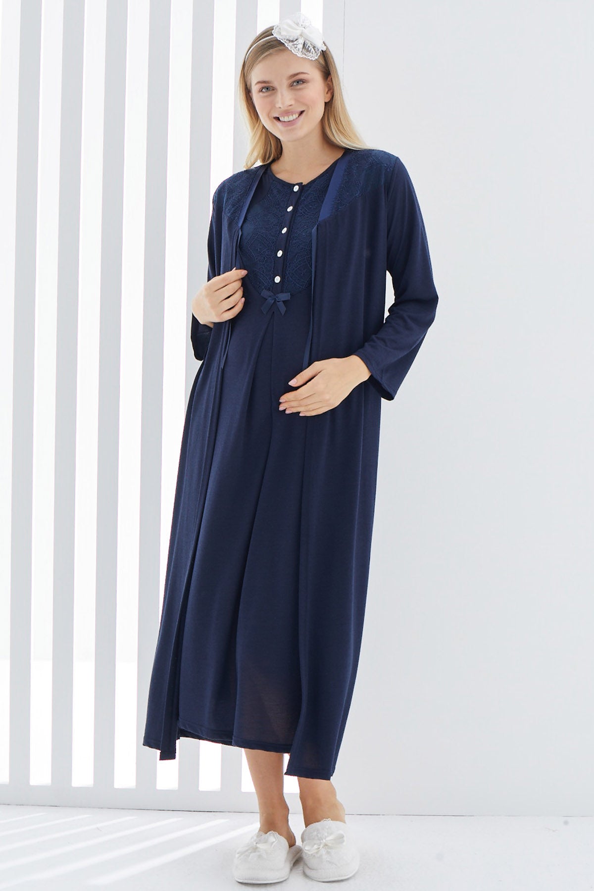 Guipure Collar Maternity & Nursing Nightgown With Robe Navy Blue - 2265