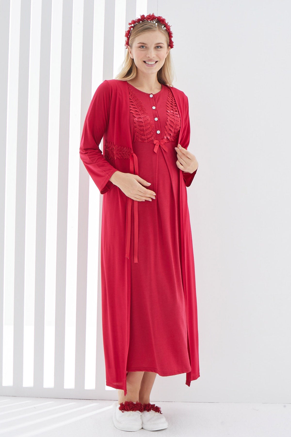 Guipure Maternity & Nursing Nightgown With Robe Red - 2264