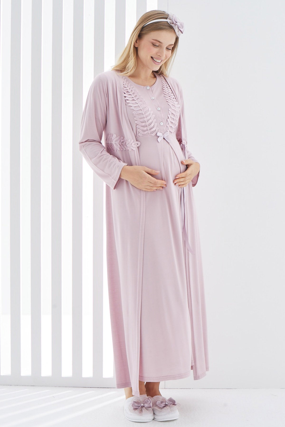 Guipure Maternity & Nursing Nightgown With Robe Dried Rose - 2264