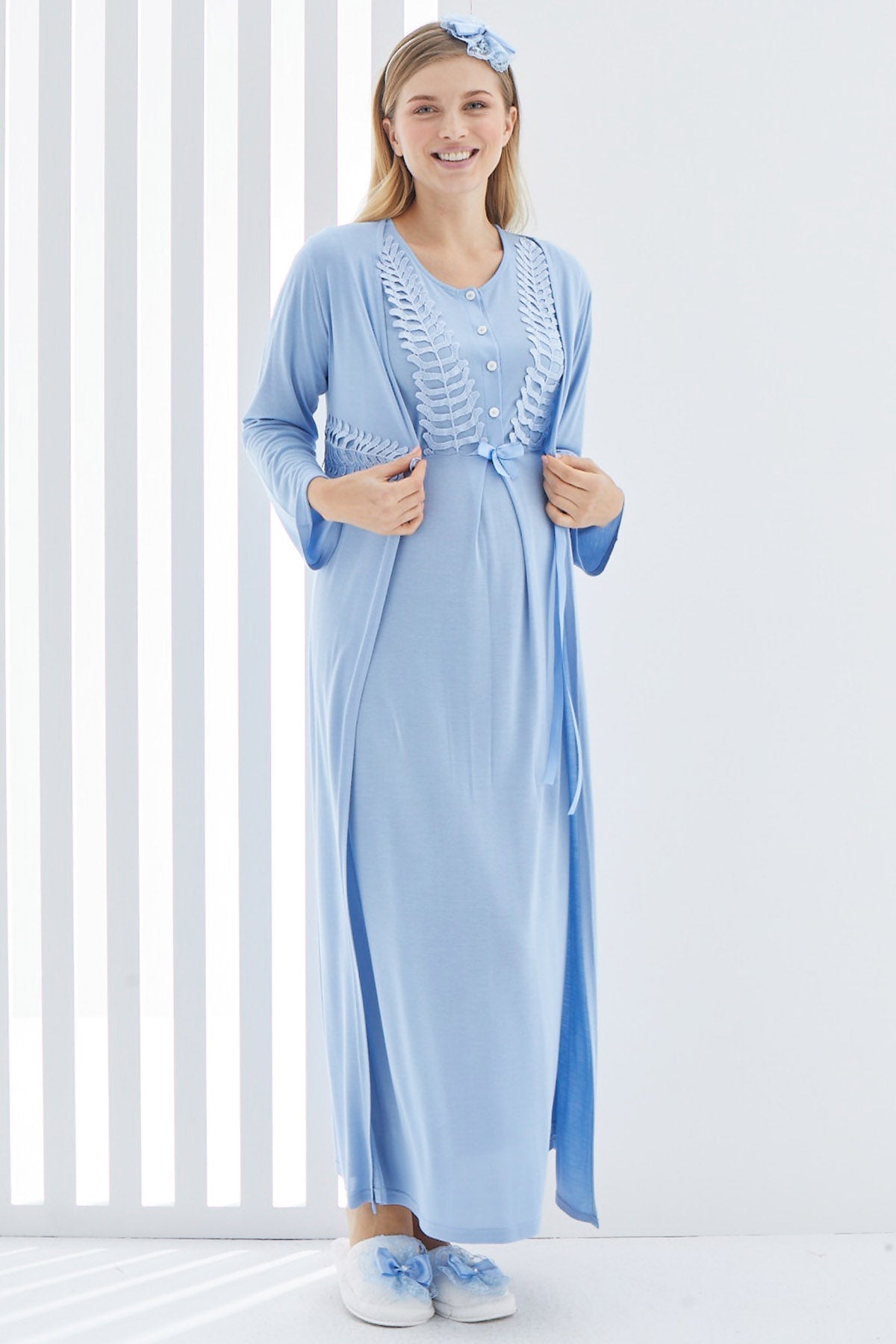 Guipure Maternity & Nursing Nightgown With Robe Blue - 2264