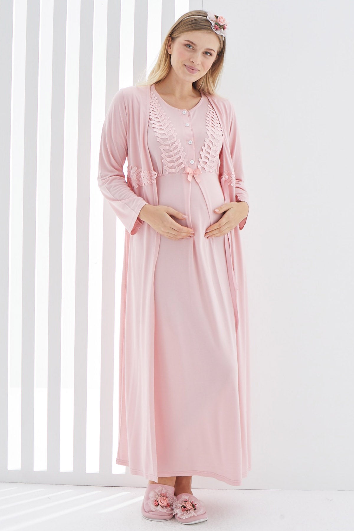 Guipure Maternity & Nursing Nightgown With Robe Pink - 2264