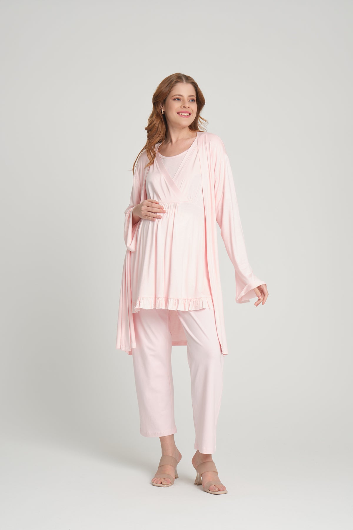 Double Breasted 3-Pieces Maternity & Nursing Pajamas With Flywheel Arm Robe Pink - 205