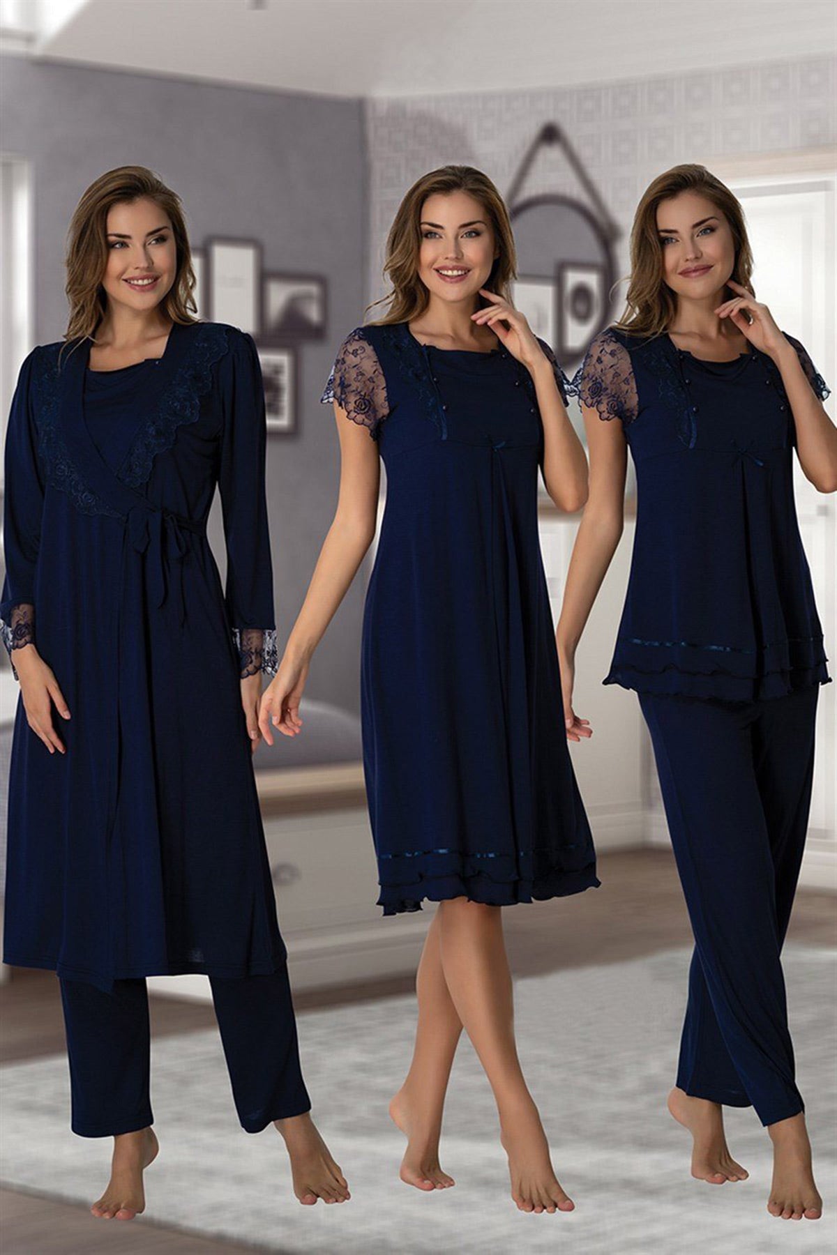 Lace Sleeve 4 Pieces Maternity & Nursing Set Navy Blue - 2050