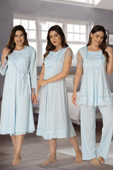 Lace Sleeve 4 Pieces Maternity & Nursing Set Blue - 2050