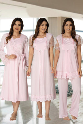 Lace Sleeve 4 Pieces Maternity & Nursing Set Pink - 2050