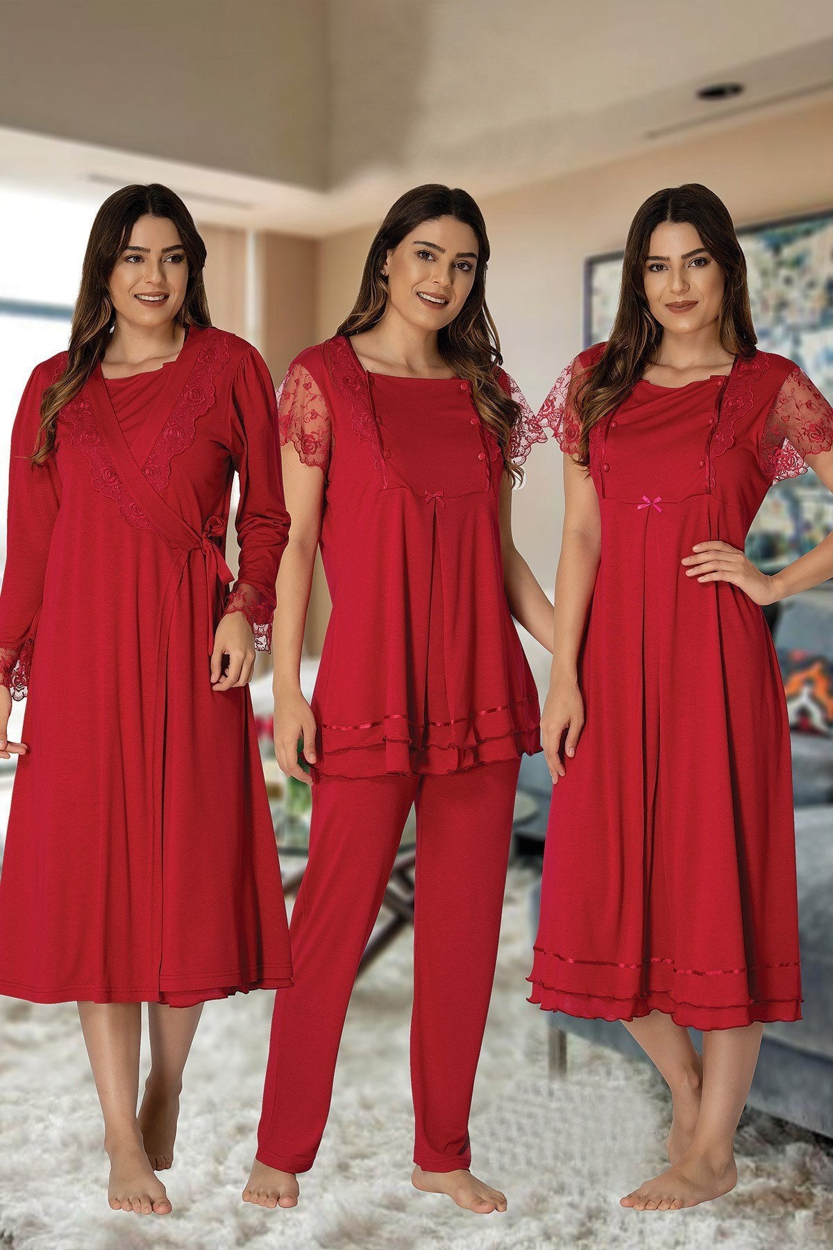 Lace Sleeve 4 Pieces Maternity & Nursing Set Cherry - 2050