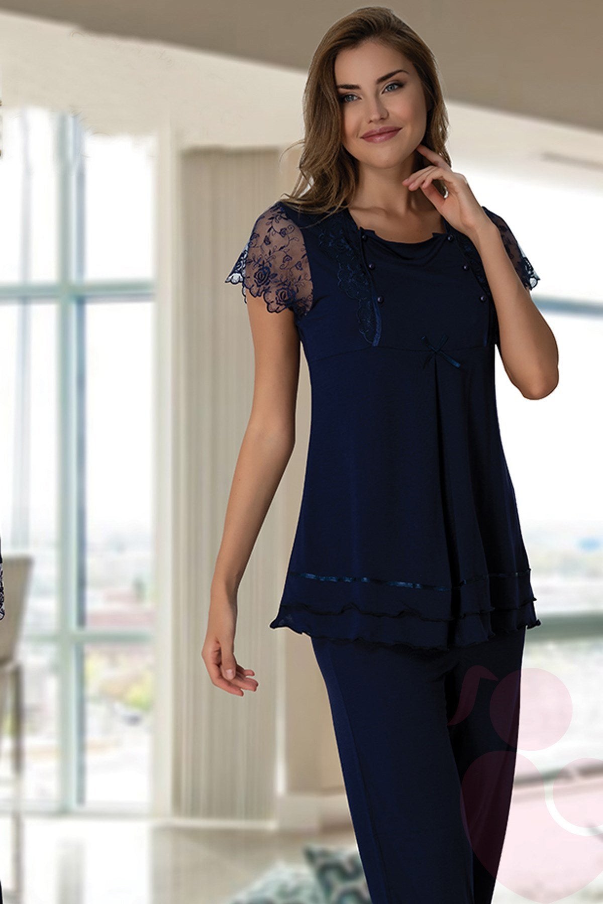 Lace Sleeve Maternity & Nursing Pajamas Navy Blue - 2051