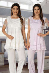 Lace Sleeve Maternity & Nursing Pajamas Ecru - 2051