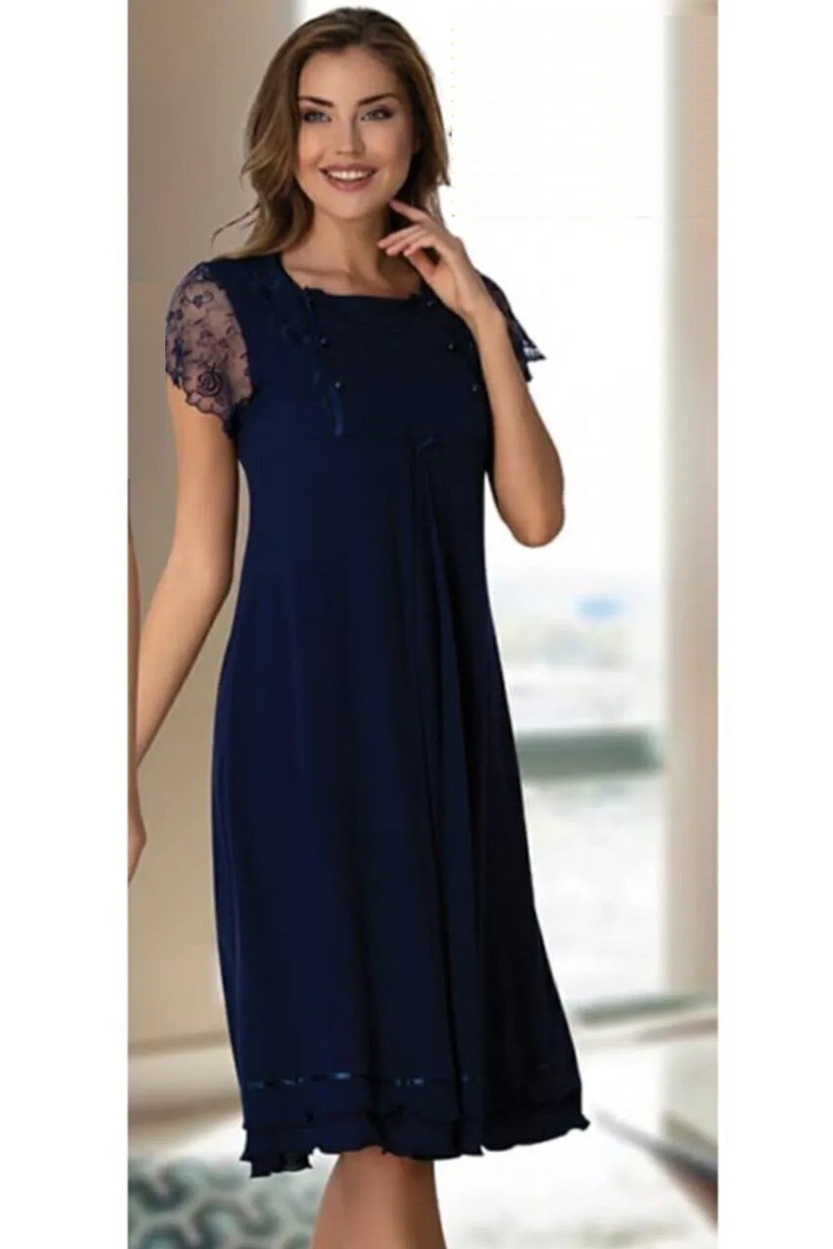 Lace Sleeve Maternity & Nursing Nightgown Navy Blue - 2052