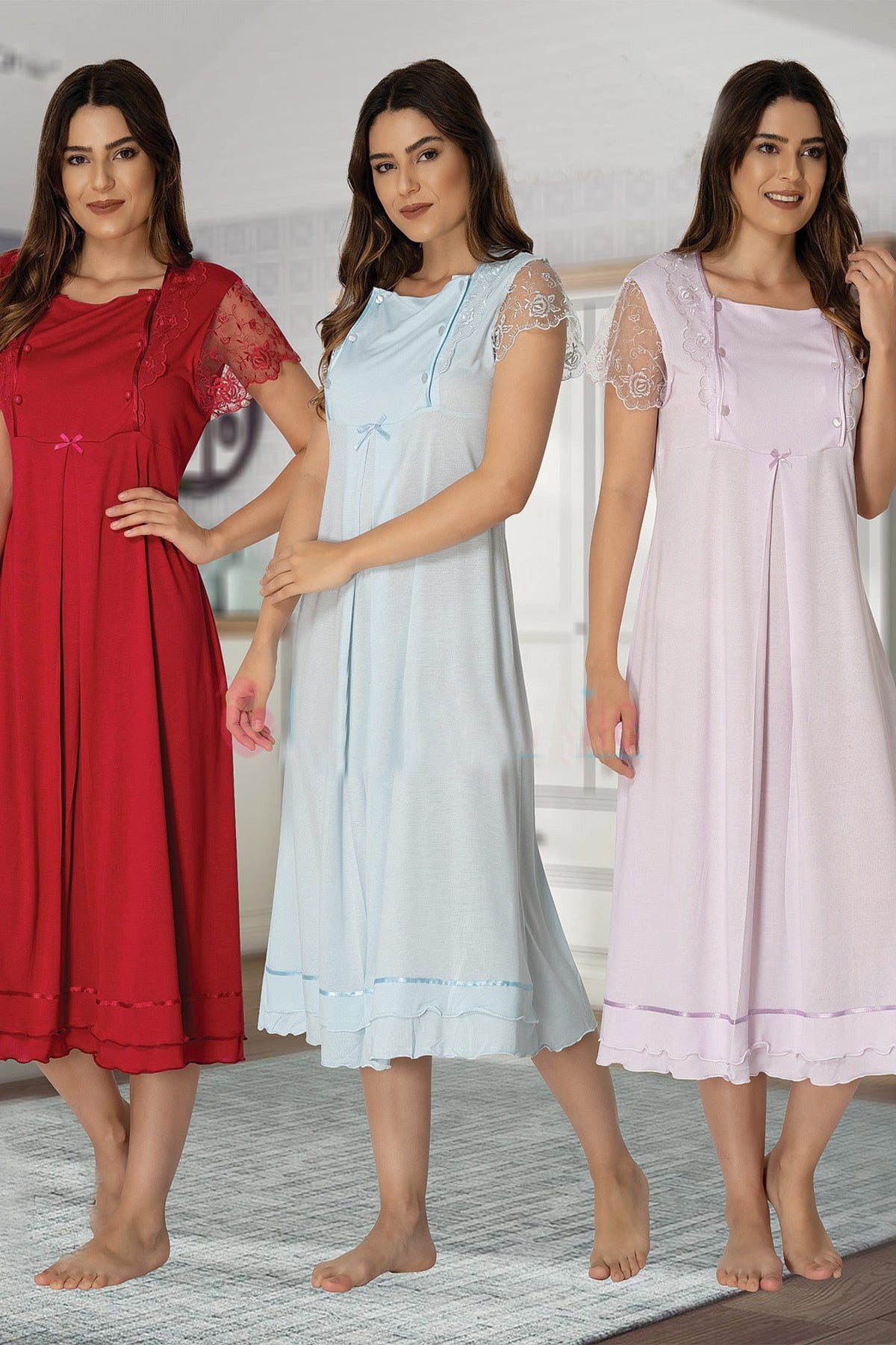 Lace Sleeve Maternity & Nursing Nightgown - 2052