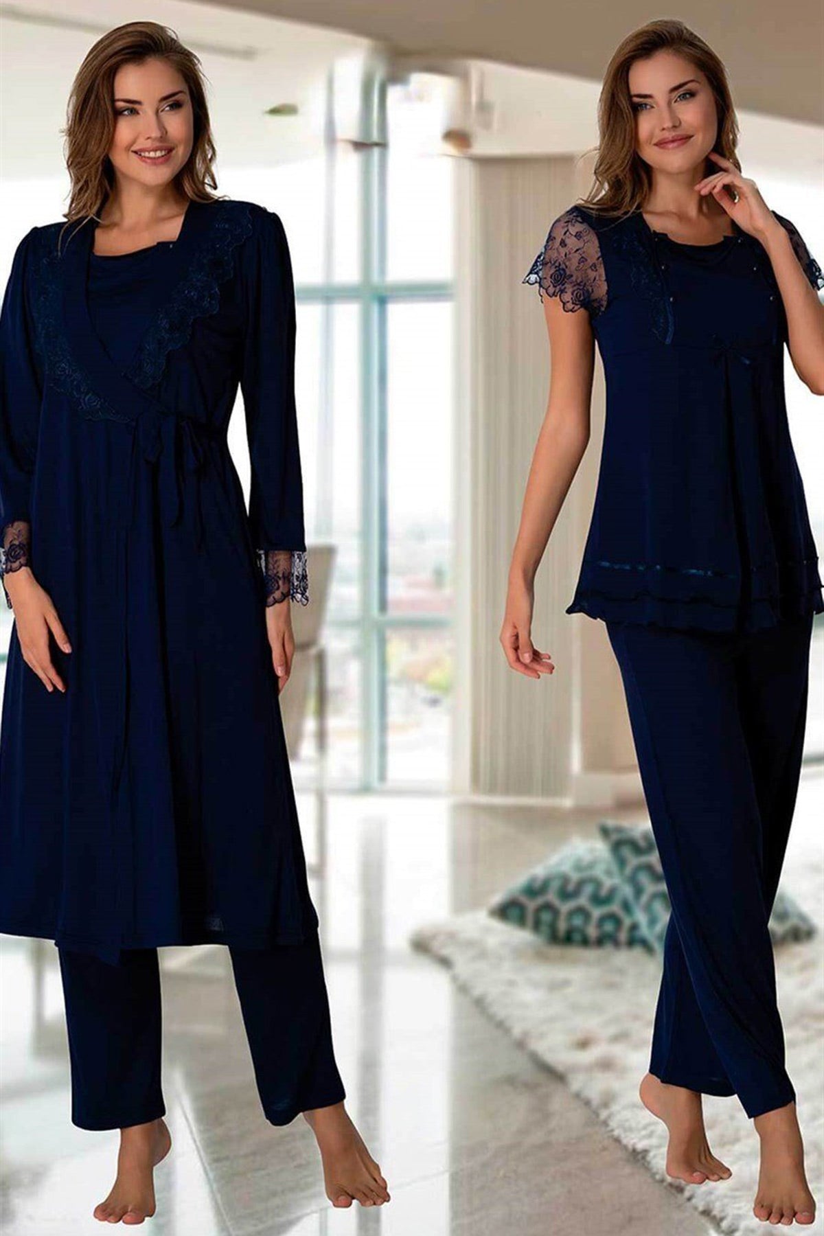 Lace Sleeve 3-Pieces Maternity & Nursing Pajamas With Robe Navy Blue - 2054