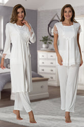 Lace Sleeve 3-Pieces Maternity & Nursing Pajamas With Robe Ecru - 2054