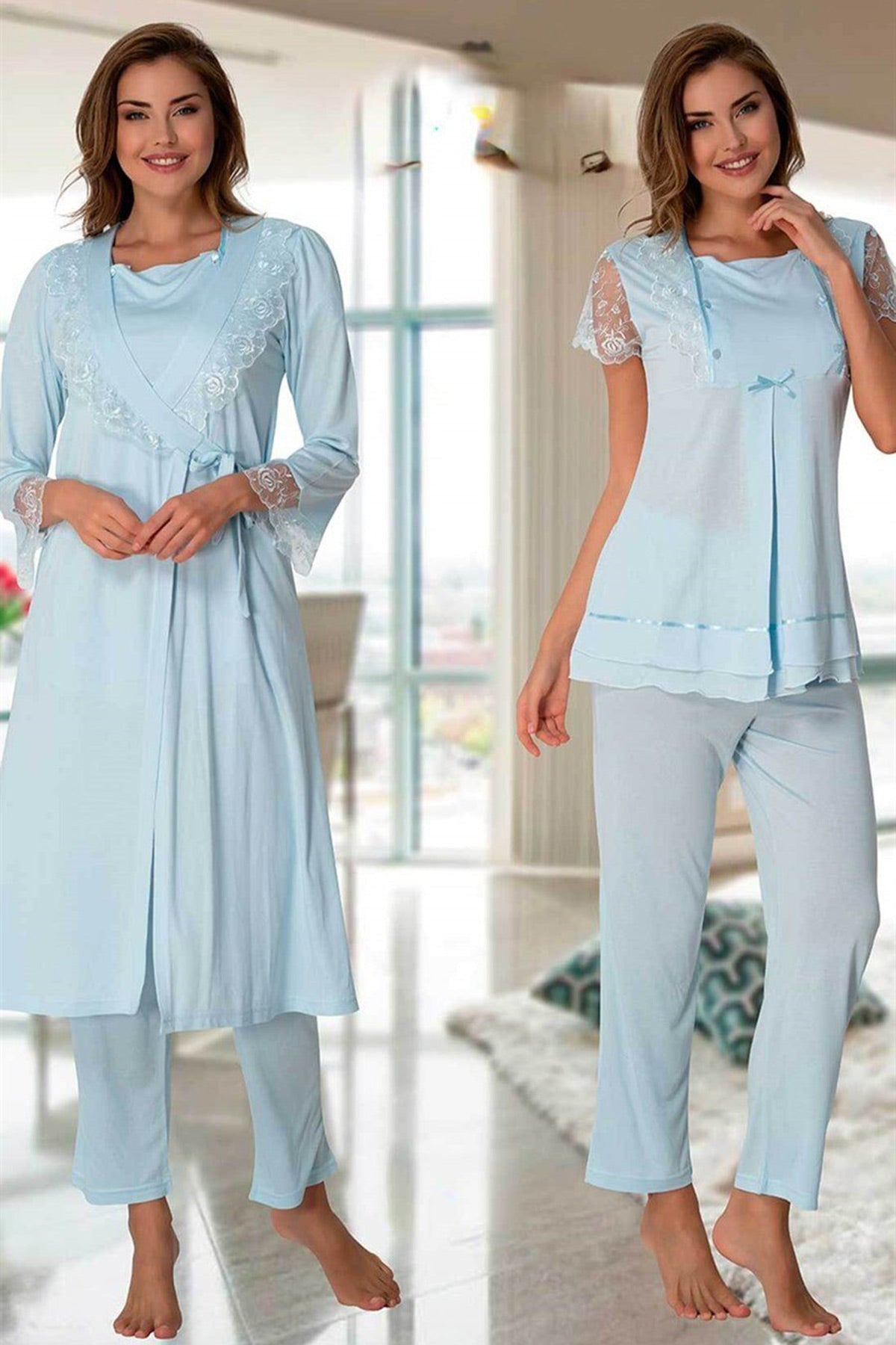 Lace Sleeve 3-Pieces Maternity & Nursing Pajamas With Robe Blue - 2054