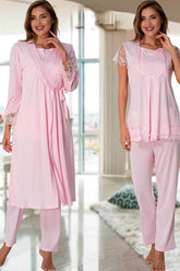 Lace Sleeve 3-Pieces Maternity & Nursing Pajamas With Robe Pink - 2054