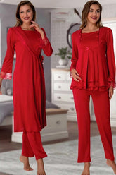 Lace Sleeve 3-Pieces Maternity & Nursing Pajamas With Robe Cherry - 2054