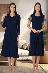 Lace Sleeve Maternity & Nursing Nightgown With Robe Navy Blue - 2055