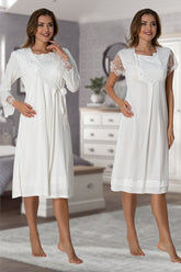 Lace Sleeve Maternity & Nursing Nightgown With Robe Ecru - 2055