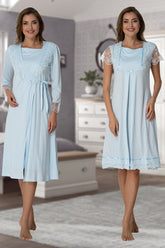 Lace Sleeve Maternity & Nursing Nightgown With Robe Blue - 2055