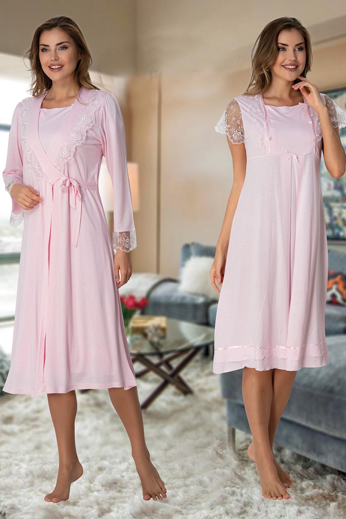 Lace Sleeve Maternity & Nursing Nightgown With Robe Pink - 2055