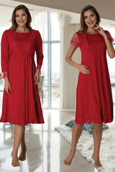 Lace Sleeve Maternity & Nursing Nightgown With Robe Cherry - 2055