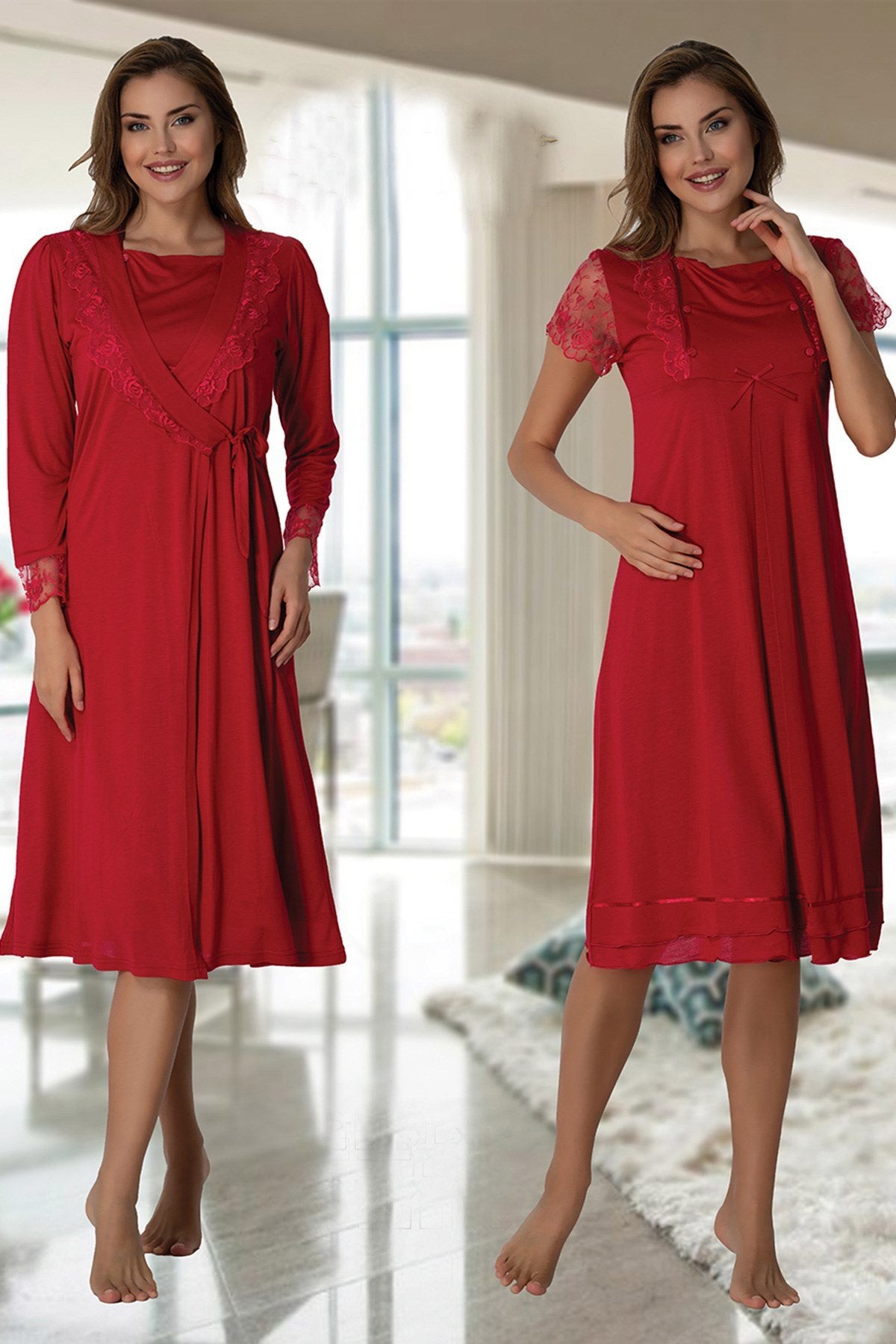 Lace Sleeve 4 Pieces Maternity & Nursing Set Cherry - 2050