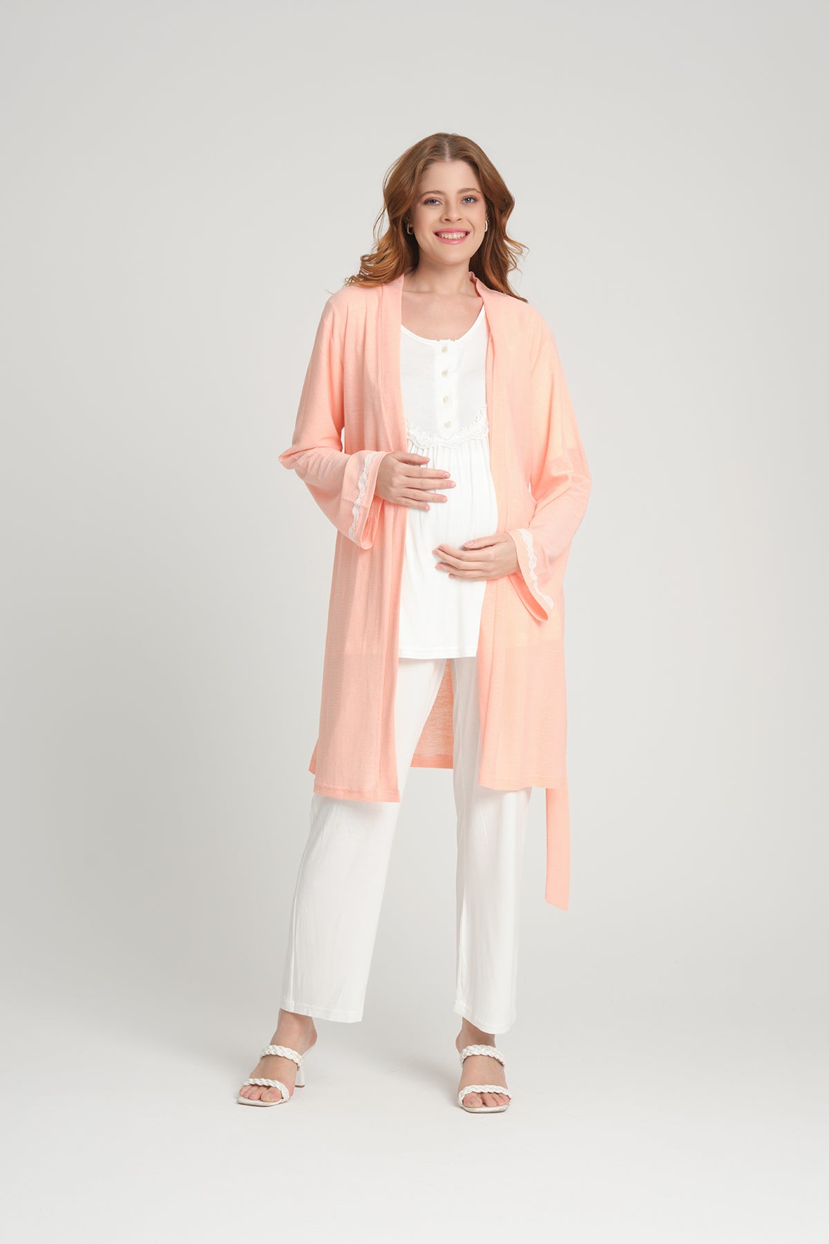 Lace 3-Pieces Maternity & Nursing Pajamas With Robe Salmon - 207