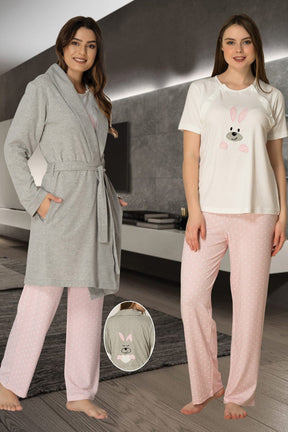 Basic 3-Pieces Maternity & Nursing Pajamas With Robe Pink - 2070