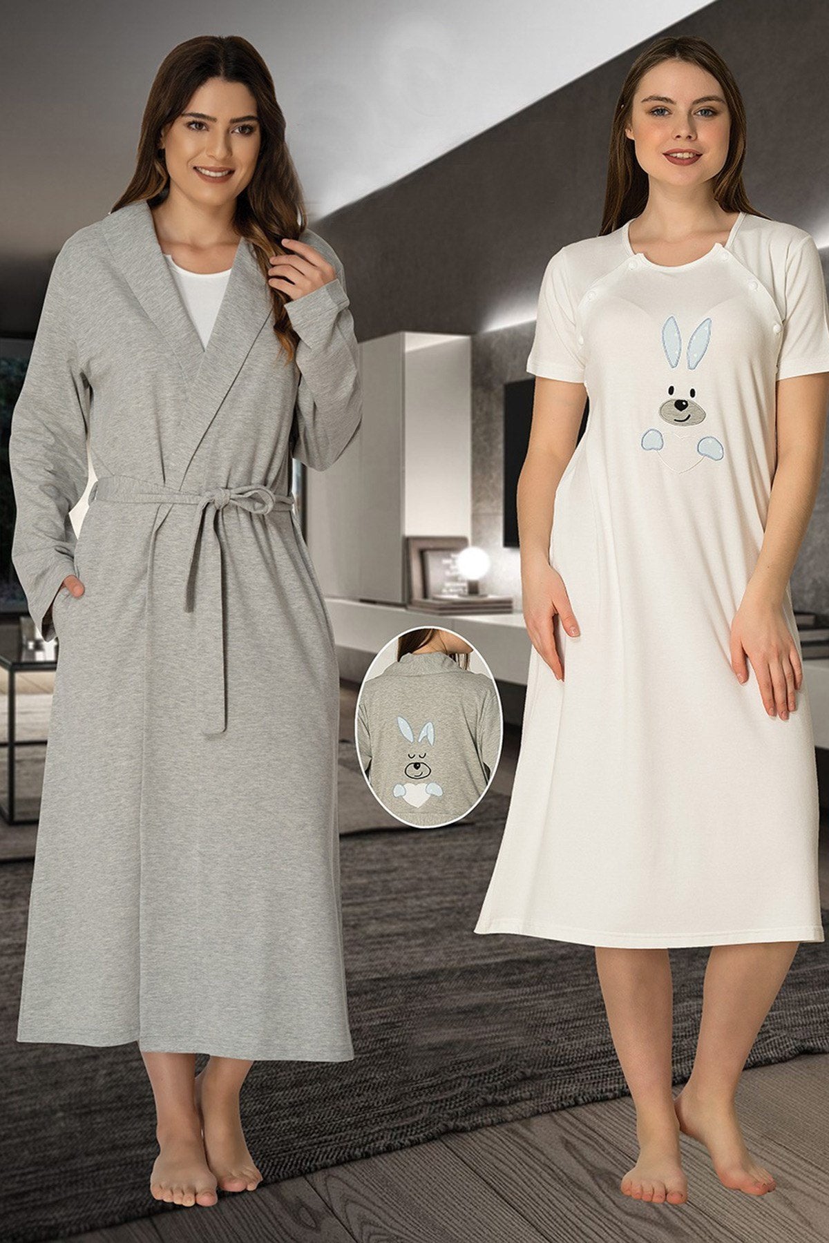 Basic Maternity & Nursing Nightgown With Robe Blue - 2071