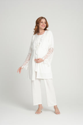 Lace 3-Pieces Maternity & Nursing Pajamas With Lace Sleeve Robe Ecru - 208