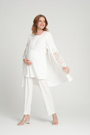 Lace 3-Pieces Maternity & Nursing Pajamas With Lace Sleeve Robe Ecru - 208