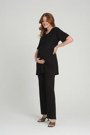 Lace 3-Pieces Maternity & Nursing Pajamas With Lace Sleeve Robe Black - 208
