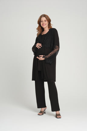 Lace 3-Pieces Maternity & Nursing Pajamas With Lace Sleeve Robe Black - 208