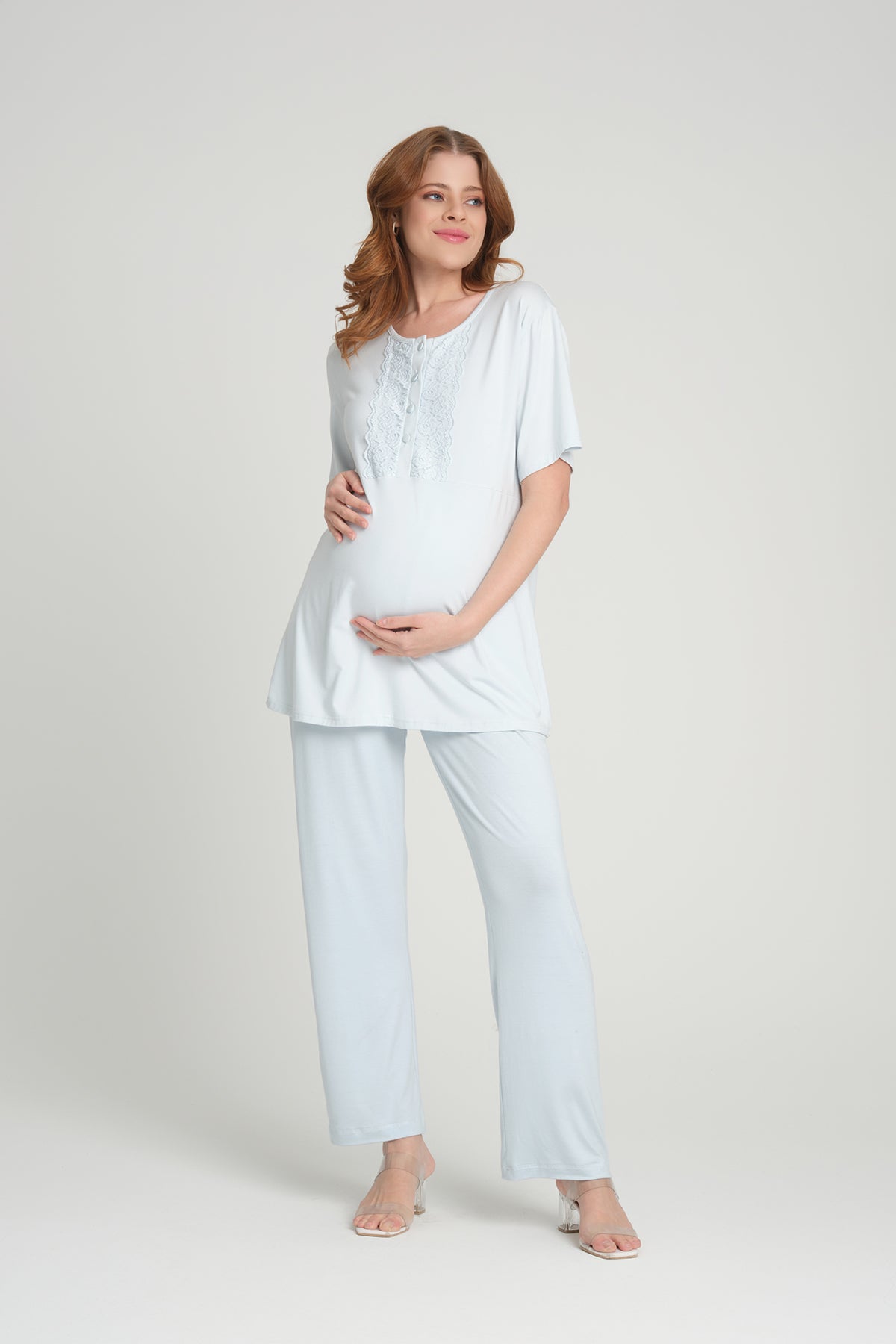 Lace Detailed 3-Pieces Maternity & Nursing Pajamas With Robe Blue - 209