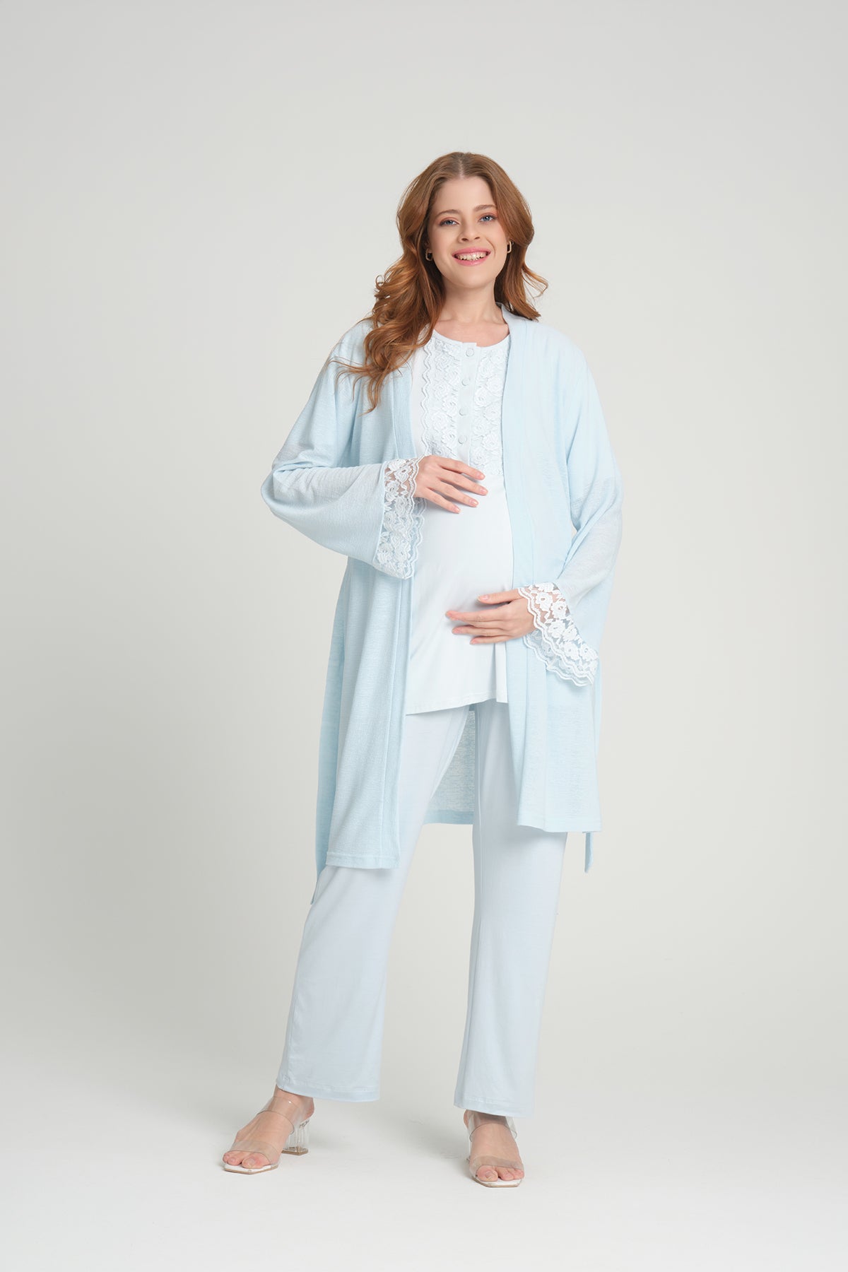Lace Detailed 3-Pieces Maternity & Nursing Pajamas With Robe Blue - 209