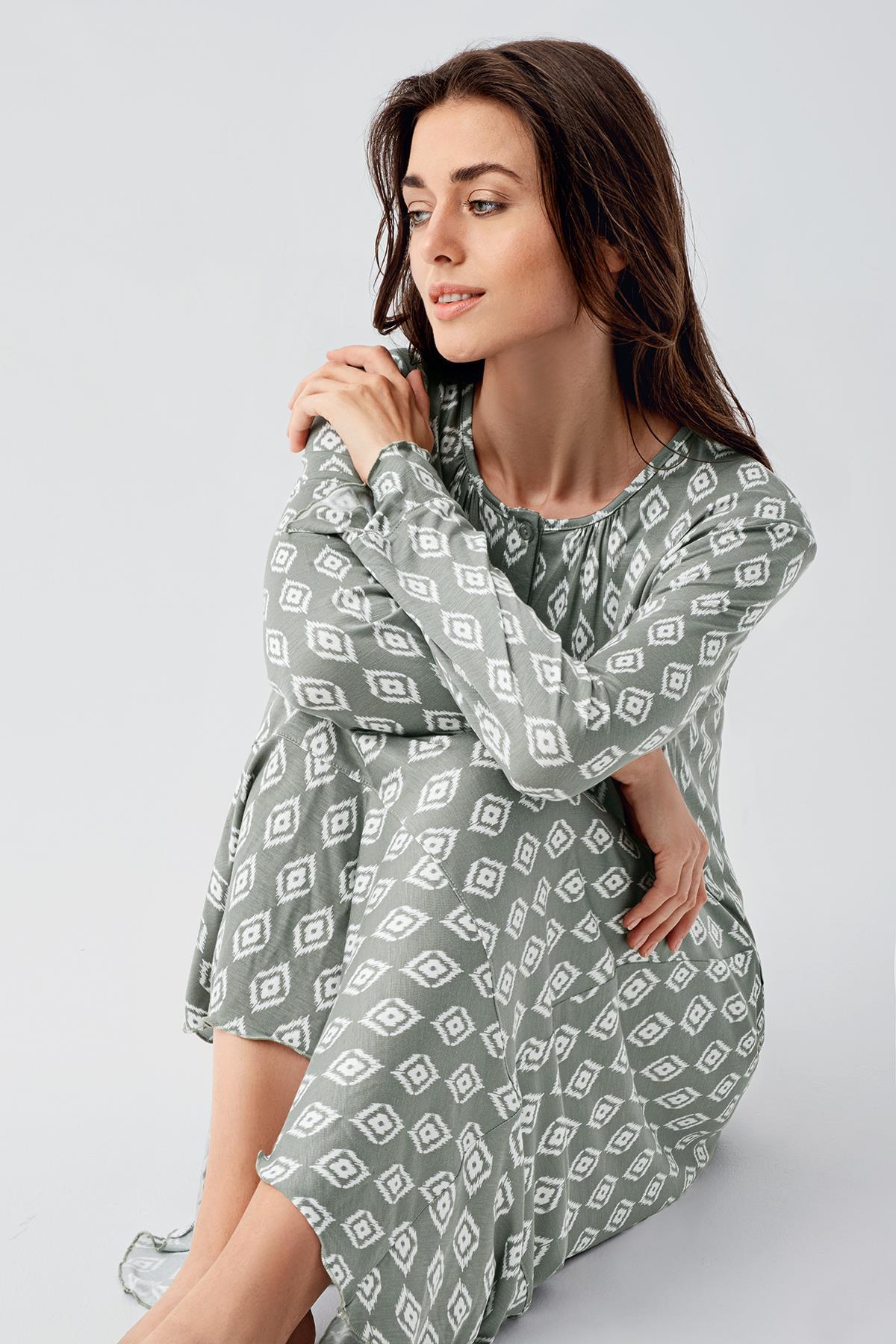 Patterned Maternity & Nursing Nightgown Green - 21101